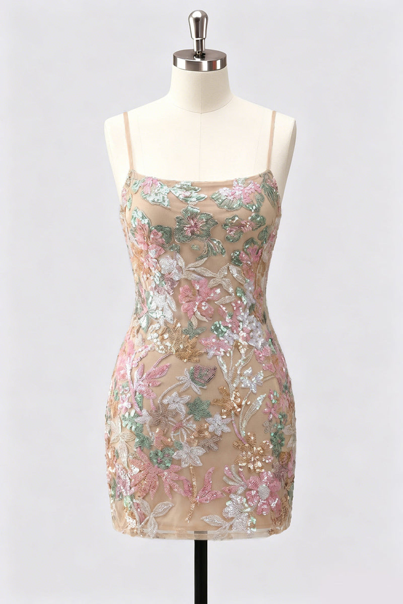 Laden Sie das Bild in den Galerie-Viewer, Lilac Bodycon Blumenstickerei Pailletten Kurzes Homecoming-Kleid mit Schnürung hinten