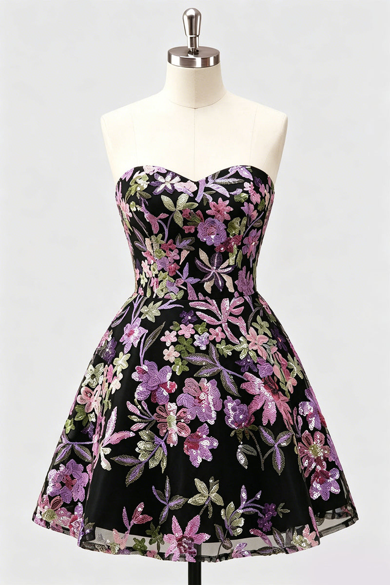 Laden Sie das Bild in den Galerie-Viewer, Lilac A-Line Sweetheart Floral Sequins Homecoming-Kleid mit Schnürung hinten