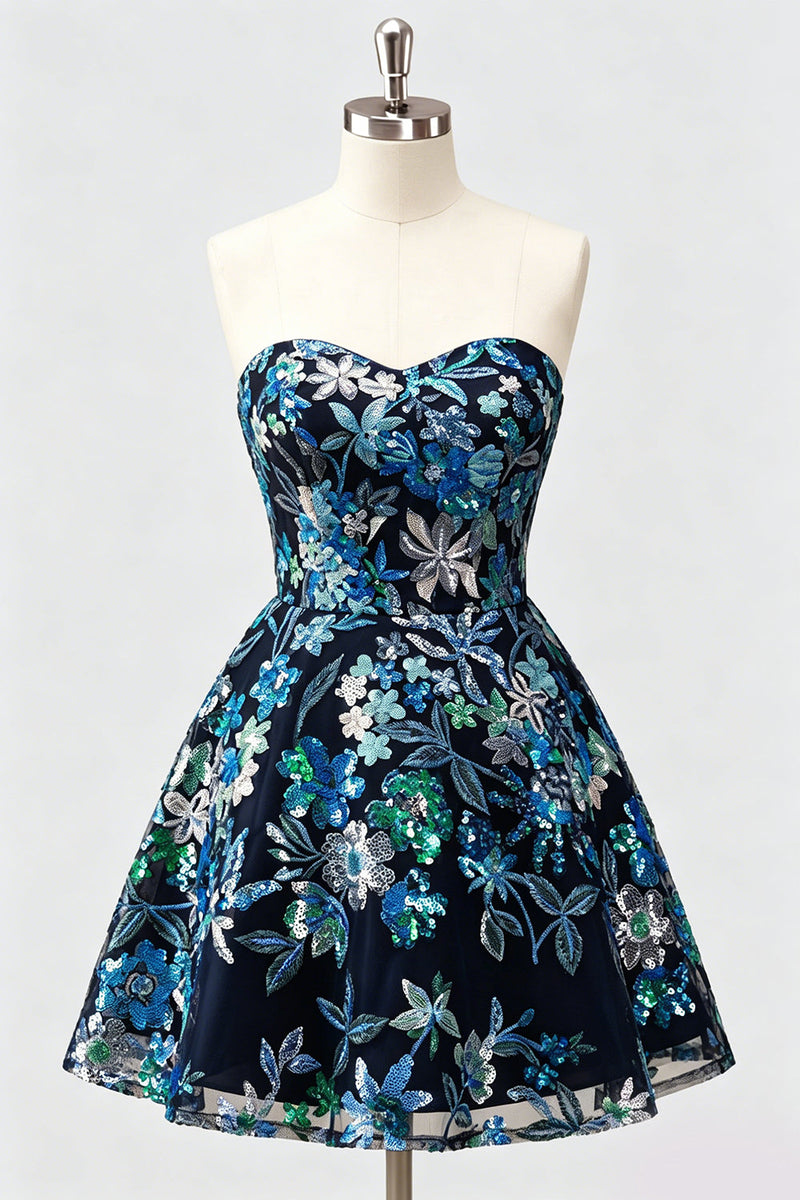 Laden Sie das Bild in den Galerie-Viewer, Lilac A-Line Sweetheart Floral Sequins Homecoming-Kleid mit Schnürung hinten