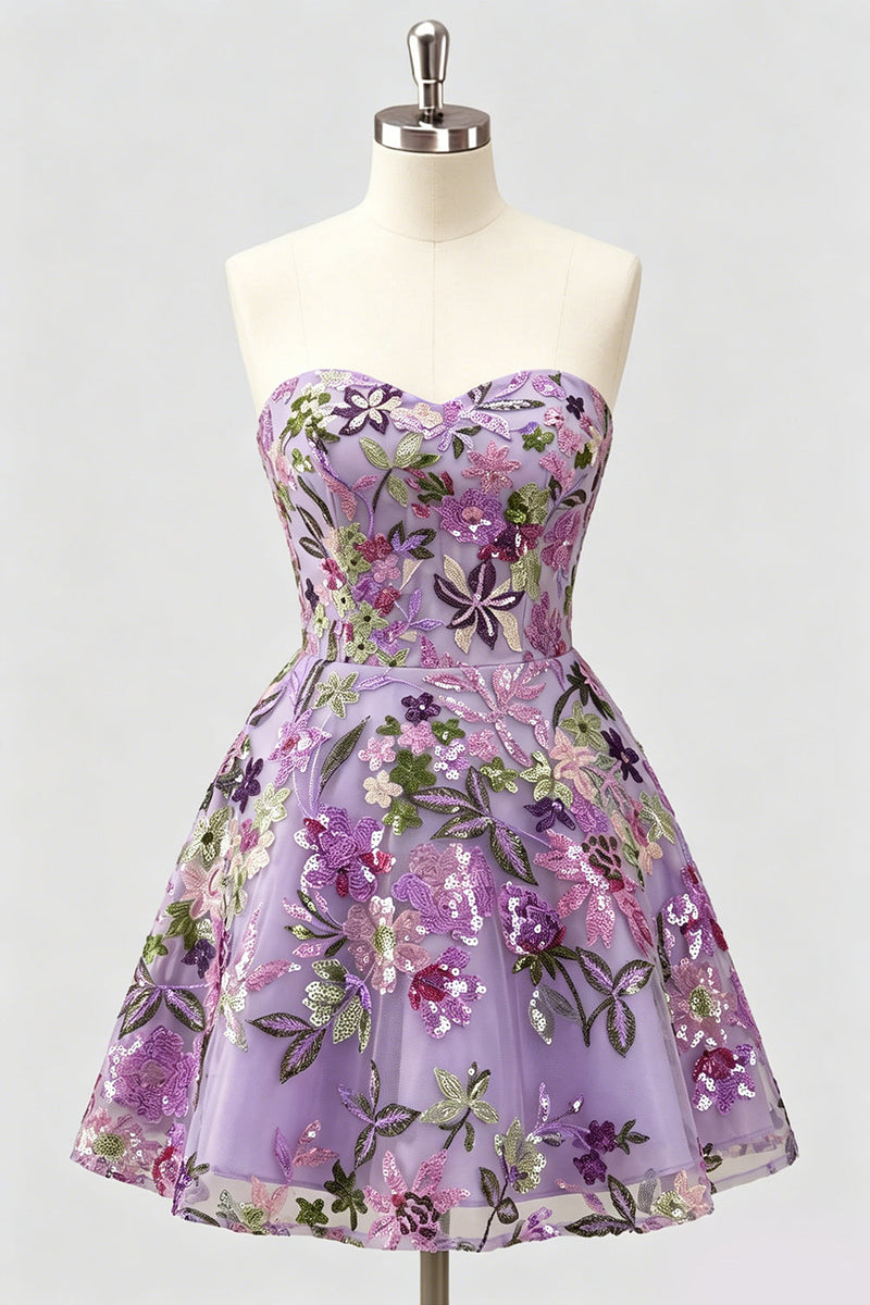 Laden Sie das Bild in den Galerie-Viewer, Lilac A-Line Sweetheart Floral Sequins Homecoming-Kleid mit Schnürung hinten