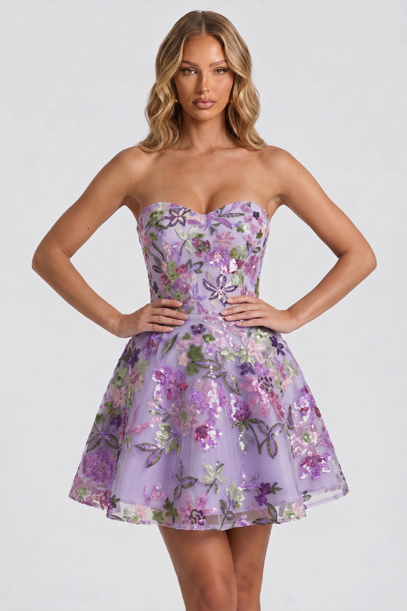 Laden Sie das Bild in den Galerie-Viewer, Lilac A-Line Sweetheart Floral Sequins Homecoming-Kleid mit Schnürung hinten