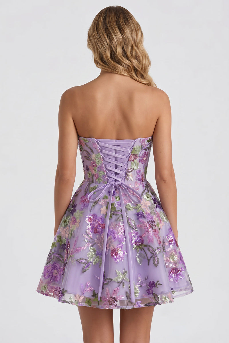 Laden Sie das Bild in den Galerie-Viewer, Lilac A-Line Sweetheart Floral Sequins Homecoming-Kleid mit Schnürung hinten