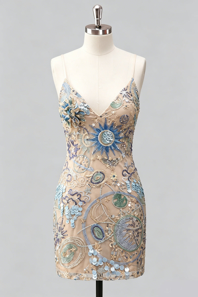 Laden Sie das Bild in den Galerie-Viewer, Navy Bodycon Spaghettiträger Pailletten Kurzes Homecoming-Kleid mit Schnürung hinten