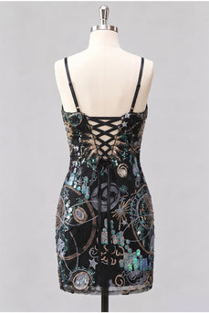 Grünes Bodycon Spaghettiträger Pailletten Kurzes Abendkleid mit Schnürung