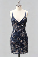 Laden Sie das Bild in den Galerie-Viewer, Navy Bodycon Spaghettiträger Pailletten Kurzes Homecoming-Kleid mit Schnürung hinten