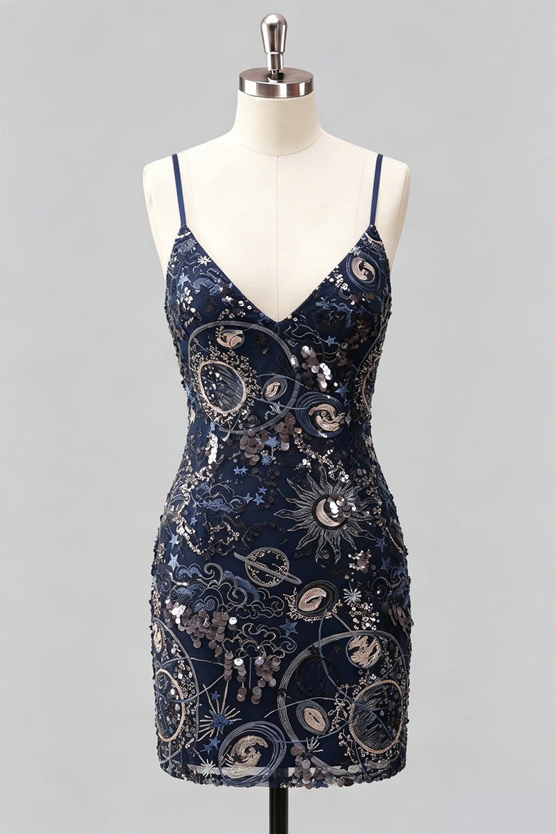 Laden Sie das Bild in den Galerie-Viewer, Navy Bodycon Spaghettiträger Pailletten Kurzes Homecoming-Kleid mit Schnürung hinten