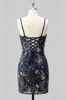 Laden Sie das Bild in den Galerie-Viewer, Navy Bodycon Spaghettiträger Pailletten Kurzes Homecoming-Kleid mit Schnürung hinten