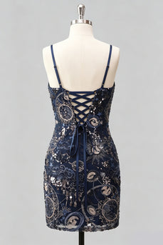 Navy Bodycon Spaghettiträger Pailletten Kurzes Abendkleid mit Schnürung