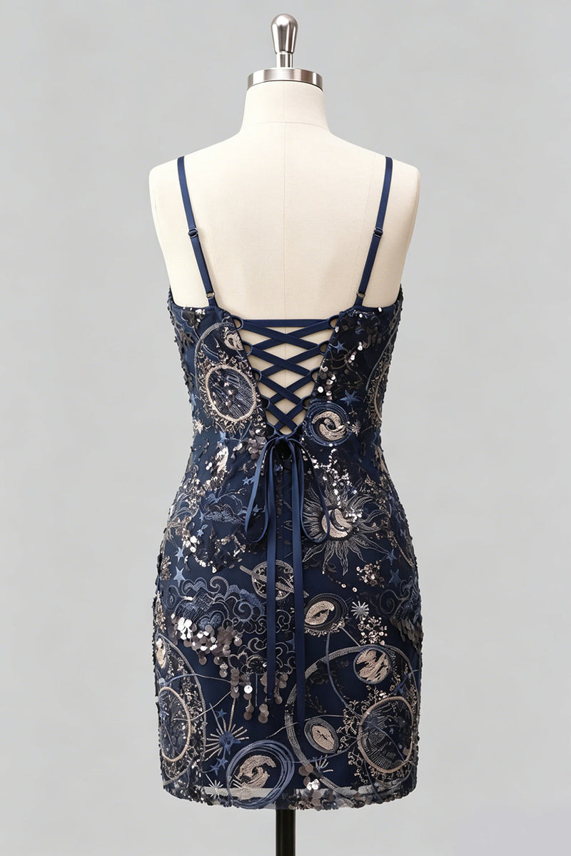 Laden Sie das Bild in den Galerie-Viewer, Navy Bodycon Spaghettiträger Pailletten Kurzes Homecoming-Kleid mit Schnürung hinten