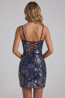 Laden Sie das Bild in den Galerie-Viewer, Navy Bodycon Spaghettiträger Pailletten Kurzes Homecoming-Kleid mit Schnürung hinten