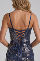 Laden Sie das Bild in den Galerie-Viewer, Navy Bodycon Spaghettiträger Pailletten Kurzes Homecoming-Kleid mit Schnürung hinten