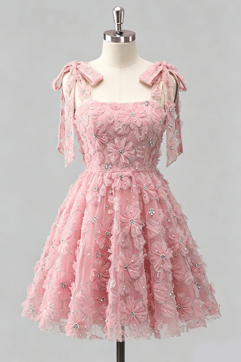 Laden Sie das Bild in den Galerie-Viewer, Hellblaues A-Linien mit Schleifenträgern – Blumenperlen-Homecoming-Kleid mit Schnürung hinten