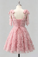 Laden Sie das Bild in den Galerie-Viewer, Hellblaues A-Linien mit Schleifenträgern – Blumenperlen-Homecoming-Kleid mit Schnürung hinten