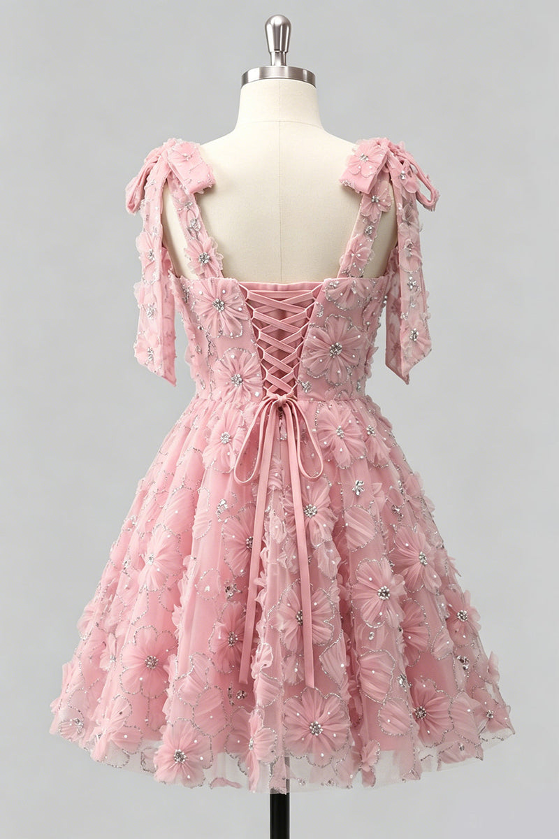 Laden Sie das Bild in den Galerie-Viewer, Hellblaues A-Linien mit Schleifenträgern – Blumenperlen-Homecoming-Kleid mit Schnürung hinten
