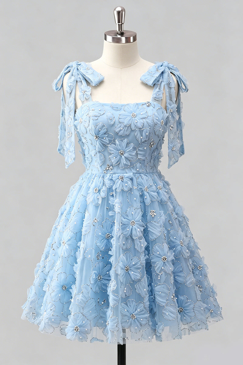 Laden Sie das Bild in den Galerie-Viewer, Hellblaues A-Linien mit Schleifenträgern – Blumenperlen-Homecoming-Kleid mit Schnürung hinten
