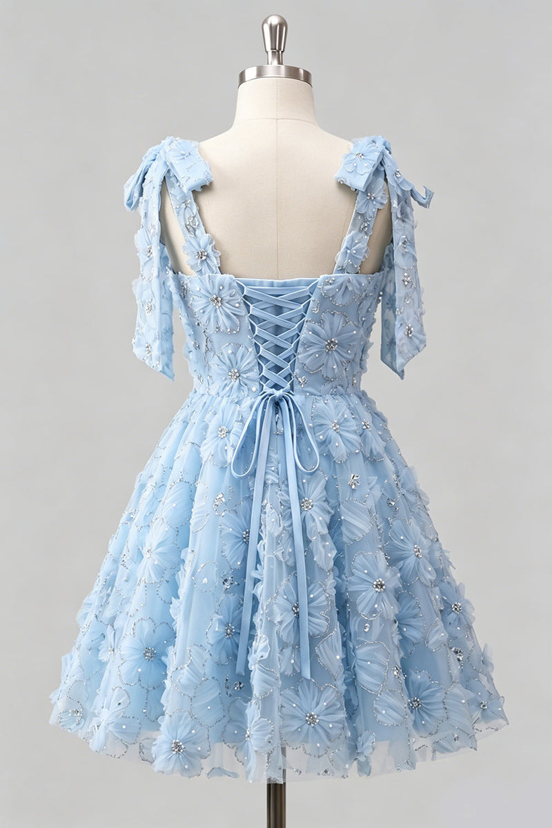Laden Sie das Bild in den Galerie-Viewer, Hellblaues A-Linien mit Schleifenträgern – Blumenperlen-Homecoming-Kleid mit Schnürung hinten