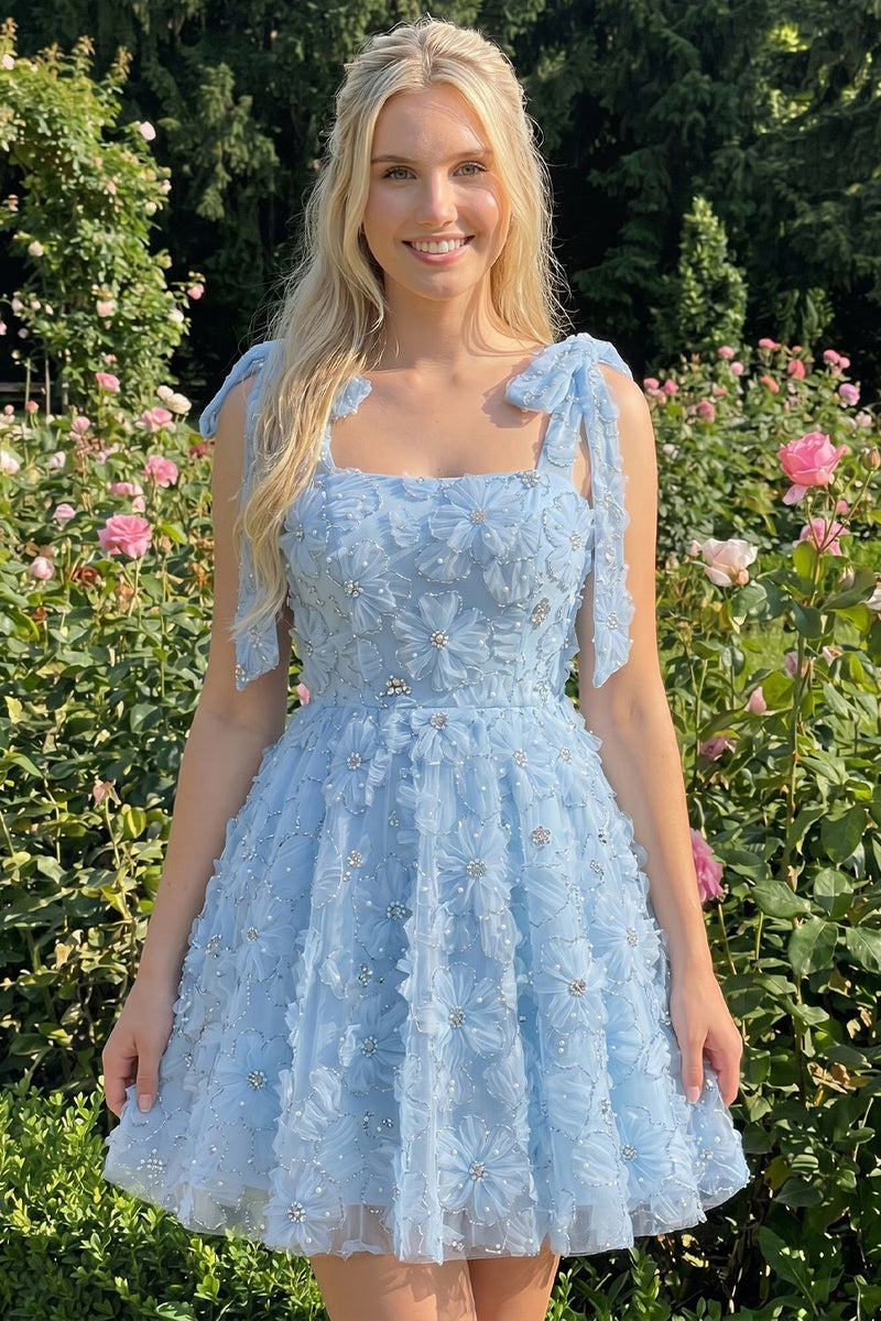 Laden Sie das Bild in den Galerie-Viewer, Hellblaues A-Linien mit Schleifenträgern – Blumenperlen-Homecoming-Kleid mit Schnürung hinten