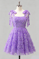 Laden Sie das Bild in den Galerie-Viewer, Hellblaues A-Linien mit Schleifenträgern – Blumenperlen-Homecoming-Kleid mit Schnürung hinten