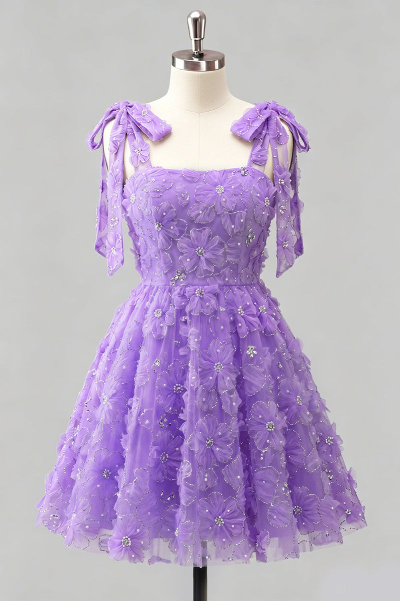 Laden Sie das Bild in den Galerie-Viewer, Hellblaues A-Linien mit Schleifenträgern – Blumenperlen-Homecoming-Kleid mit Schnürung hinten