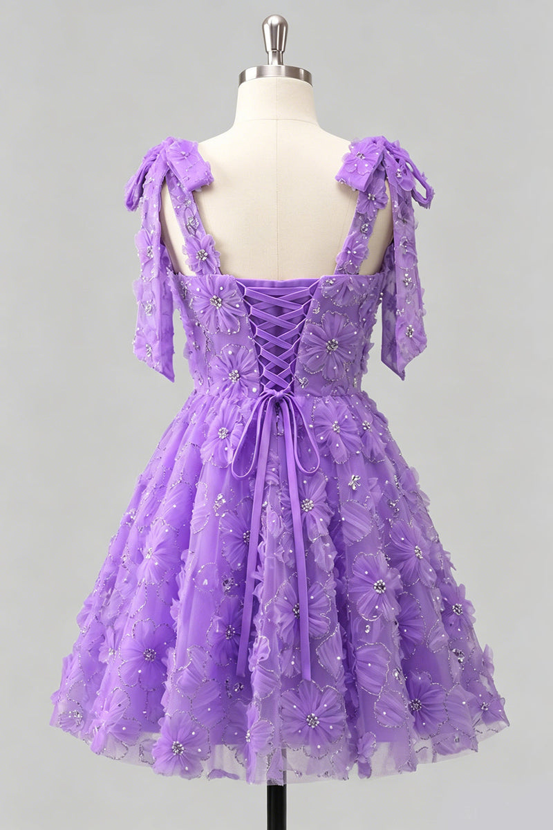 Laden Sie das Bild in den Galerie-Viewer, Hellblaues A-Linien mit Schleifenträgern – Blumenperlen-Homecoming-Kleid mit Schnürung hinten