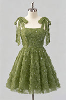 Laden Sie das Bild in den Galerie-Viewer, Hellblaues A-Linien mit Schleifenträgern – Blumenperlen-Homecoming-Kleid mit Schnürung hinten