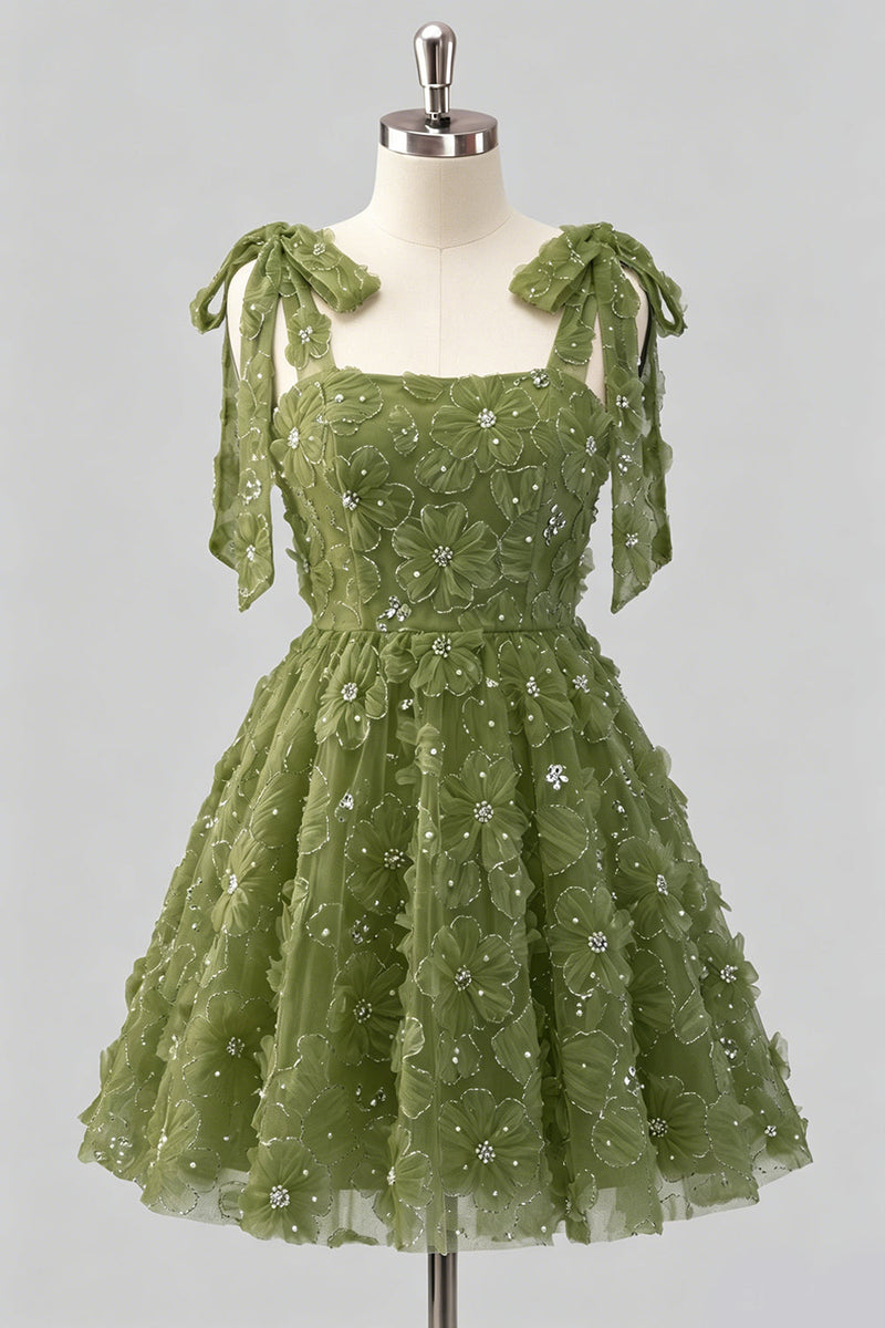 Laden Sie das Bild in den Galerie-Viewer, Hellblaues A-Linien mit Schleifenträgern – Blumenperlen-Homecoming-Kleid mit Schnürung hinten