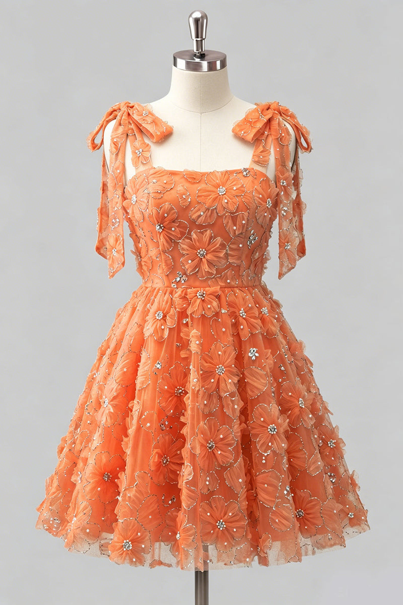 Laden Sie das Bild in den Galerie-Viewer, Hellblaues A-Linien mit Schleifenträgern – Blumenperlen-Homecoming-Kleid mit Schnürung hinten