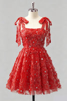 Laden Sie das Bild in den Galerie-Viewer, Hellblaues A-Linien mit Schleifenträgern – Blumenperlen-Homecoming-Kleid mit Schnürung hinten