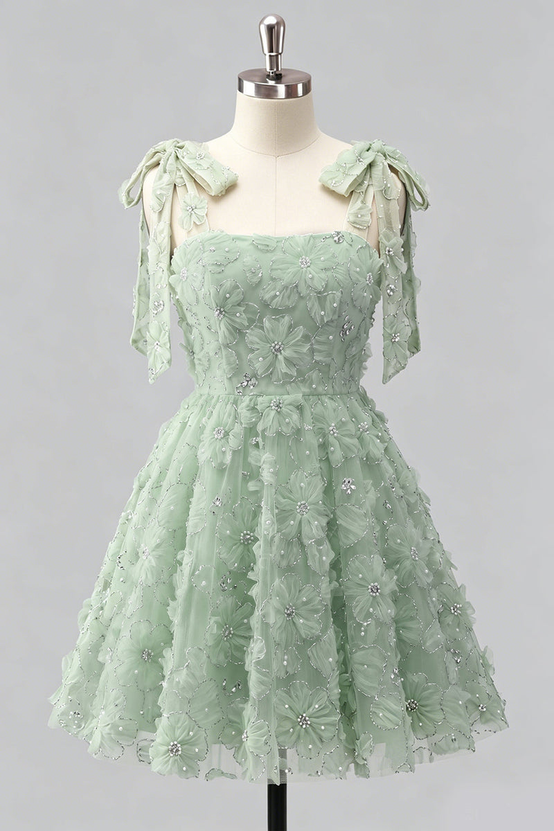 Laden Sie das Bild in den Galerie-Viewer, Hellblaues A-Linien mit Schleifenträgern – Blumenperlen-Homecoming-Kleid mit Schnürung hinten