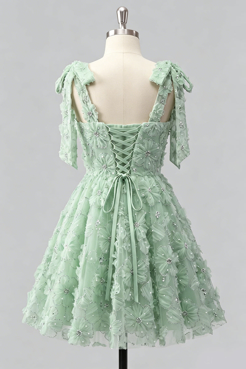 Laden Sie das Bild in den Galerie-Viewer, Hellblaues A-Linien mit Schleifenträgern – Blumenperlen-Homecoming-Kleid mit Schnürung hinten