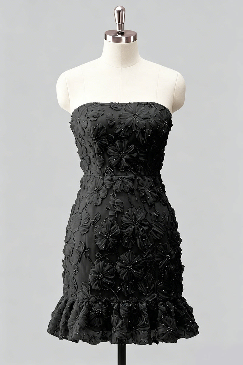 Laden Sie das Bild in den Galerie-Viewer, Hellblaues, bodycon, trägerloses, gerüschtes Blumenperlen-Homecoming-Kleid mit Schnürung hinten