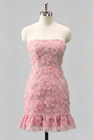 Laden Sie das Bild in den Galerie-Viewer, Hellblaues, bodycon, trägerloses, gerüschtes Blumenperlen-Homecoming-Kleid mit Schnürung hinten