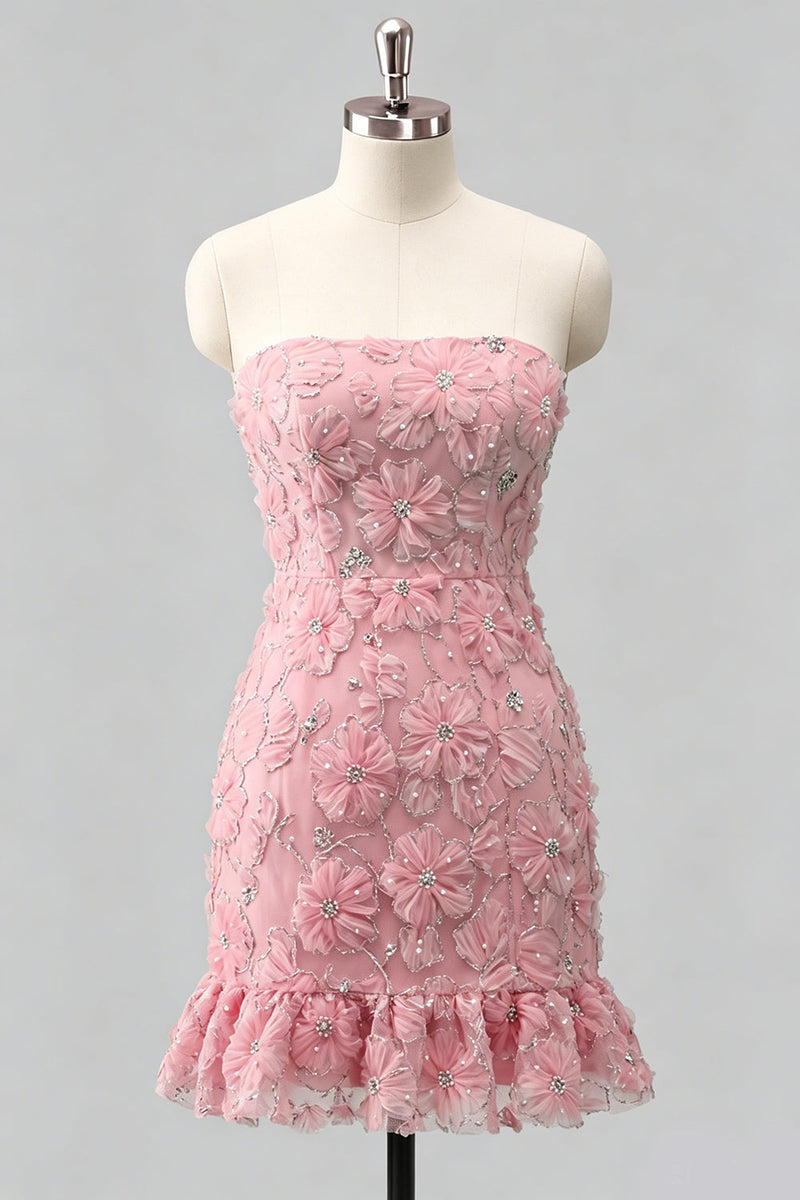 Laden Sie das Bild in den Galerie-Viewer, Hellblaues, bodycon, trägerloses, gerüschtes Blumenperlen-Homecoming-Kleid mit Schnürung hinten
