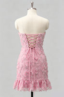 Laden Sie das Bild in den Galerie-Viewer, Hellblaues, bodycon, trägerloses, gerüschtes Blumenperlen-Homecoming-Kleid mit Schnürung hinten