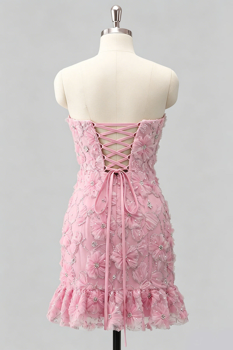 Laden Sie das Bild in den Galerie-Viewer, Hellblaues, bodycon, trägerloses, gerüschtes Blumenperlen-Homecoming-Kleid mit Schnürung hinten
