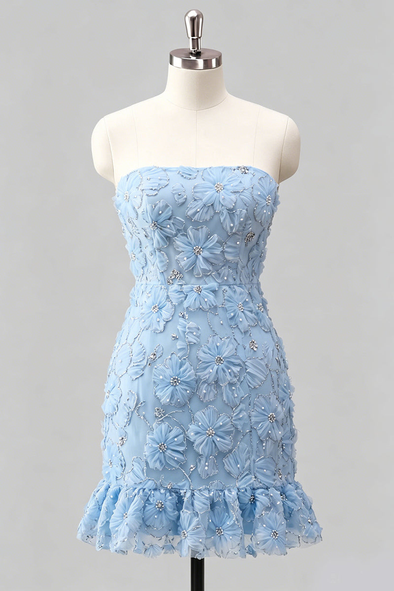 Laden Sie das Bild in den Galerie-Viewer, Hellblaues, bodycon, trägerloses, gerüschtes Blumenperlen-Homecoming-Kleid mit Schnürung hinten