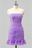 Laden Sie das Bild in den Galerie-Viewer, Hellblaues, bodycon, trägerloses, gerüschtes Blumenperlen-Homecoming-Kleid mit Schnürung hinten