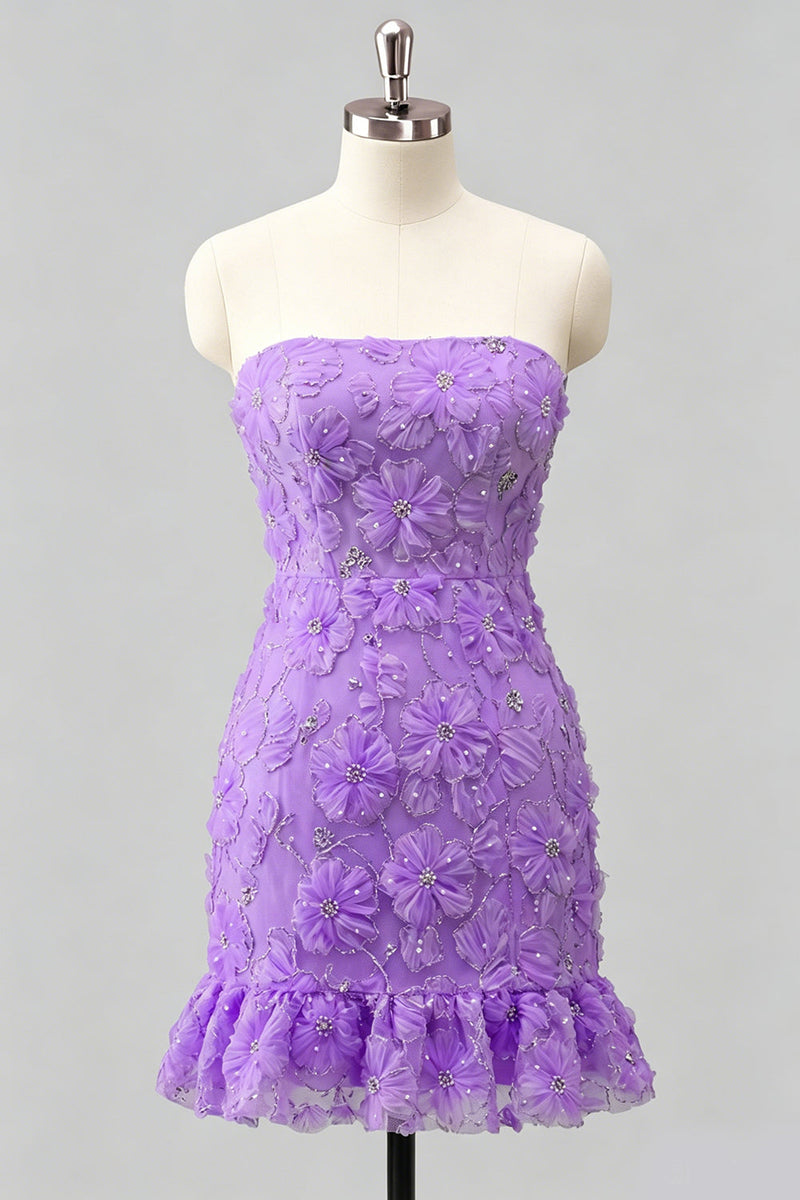 Laden Sie das Bild in den Galerie-Viewer, Hellblaues, bodycon, trägerloses, gerüschtes Blumenperlen-Homecoming-Kleid mit Schnürung hinten