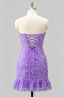 Laden Sie das Bild in den Galerie-Viewer, Hellblaues, bodycon, trägerloses, gerüschtes Blumenperlen-Homecoming-Kleid mit Schnürung hinten