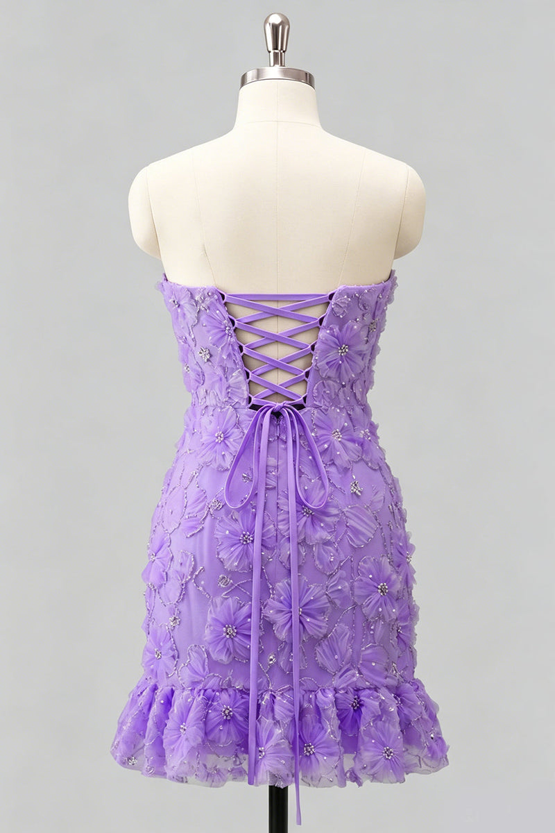 Laden Sie das Bild in den Galerie-Viewer, Hellblaues, bodycon, trägerloses, gerüschtes Blumenperlen-Homecoming-Kleid mit Schnürung hinten