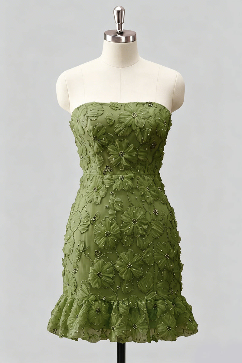 Laden Sie das Bild in den Galerie-Viewer, Hellblaues, bodycon, trägerloses, gerüschtes Blumenperlen-Homecoming-Kleid mit Schnürung hinten
