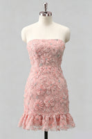 Laden Sie das Bild in den Galerie-Viewer, Hellblaues, bodycon, trägerloses, gerüschtes Blumenperlen-Homecoming-Kleid mit Schnürung hinten