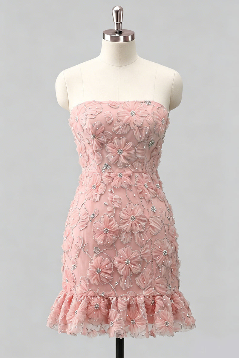 Laden Sie das Bild in den Galerie-Viewer, Hellblaues, bodycon, trägerloses, gerüschtes Blumenperlen-Homecoming-Kleid mit Schnürung hinten