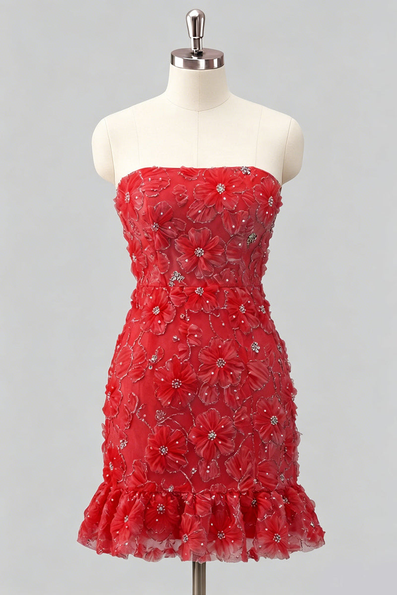 Laden Sie das Bild in den Galerie-Viewer, Hellblaues, bodycon, trägerloses, gerüschtes Blumenperlen-Homecoming-Kleid mit Schnürung hinten