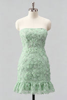 Laden Sie das Bild in den Galerie-Viewer, Hellblaues, bodycon, trägerloses, gerüschtes Blumenperlen-Homecoming-Kleid mit Schnürung hinten