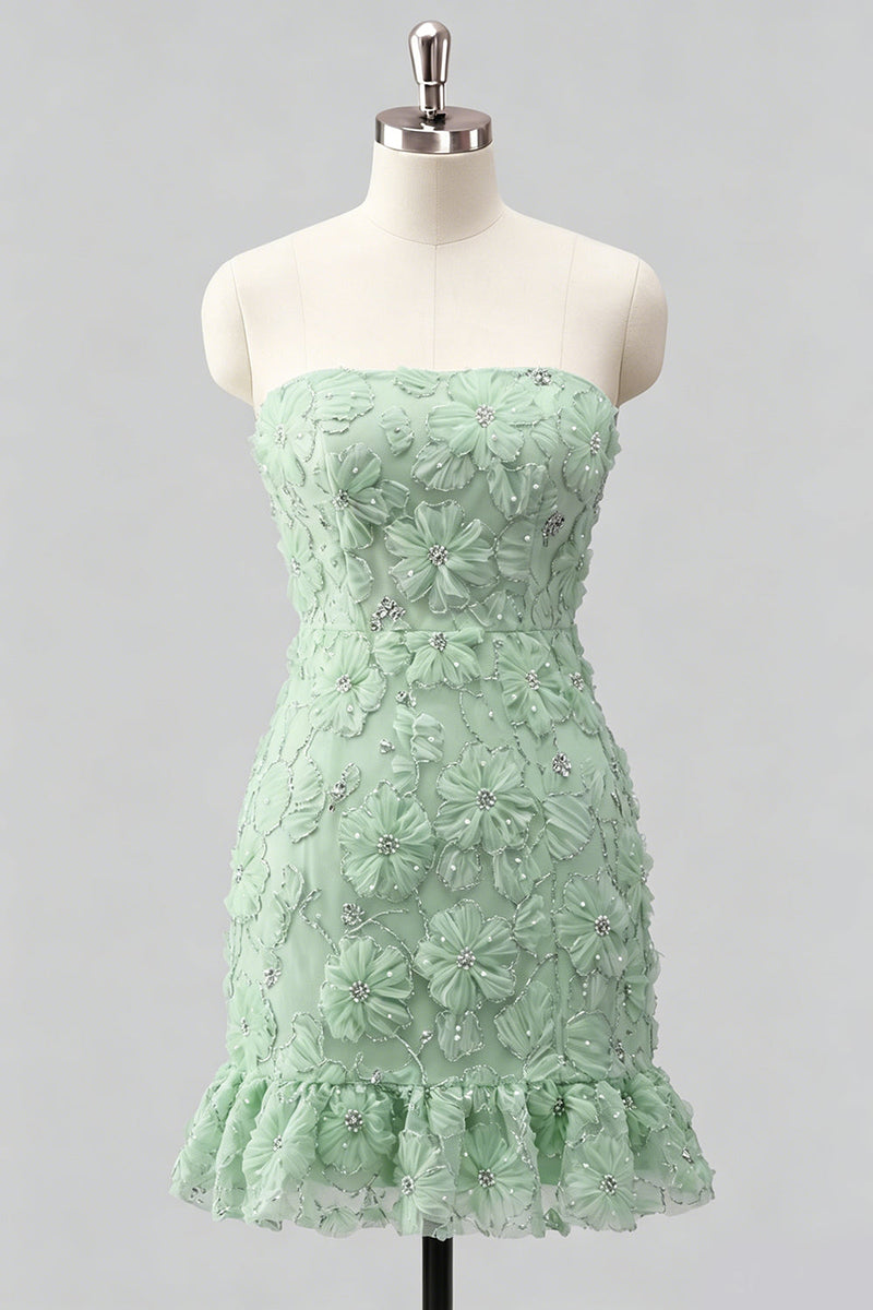 Laden Sie das Bild in den Galerie-Viewer, Hellblaues, bodycon, trägerloses, gerüschtes Blumenperlen-Homecoming-Kleid mit Schnürung hinten