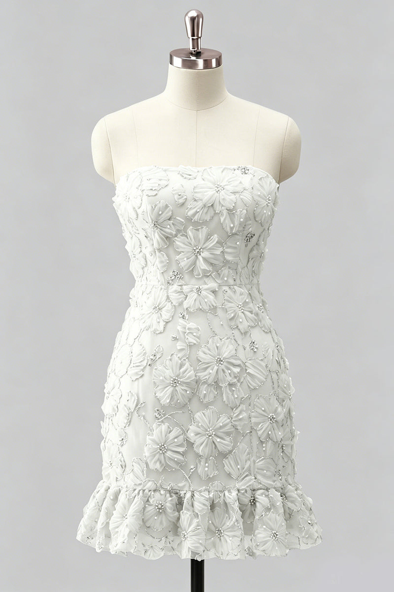 Laden Sie das Bild in den Galerie-Viewer, Hellblaues, bodycon, trägerloses, gerüschtes Blumenperlen-Homecoming-Kleid mit Schnürung hinten