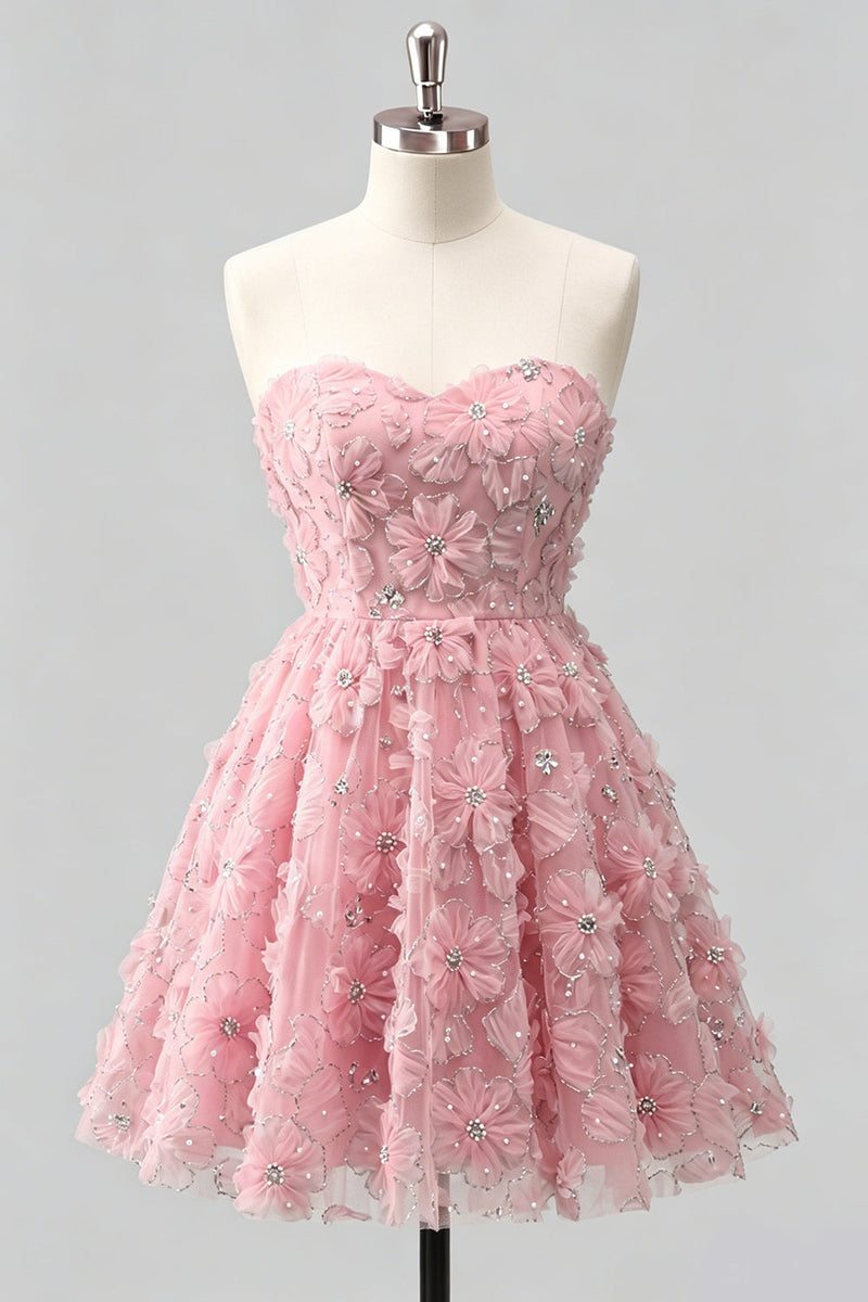 Laden Sie das Bild in den Galerie-Viewer, Dusty Rose Sweetheart A-Line Blumenperlen-Homecoming-Kleid mit Spitze hinten