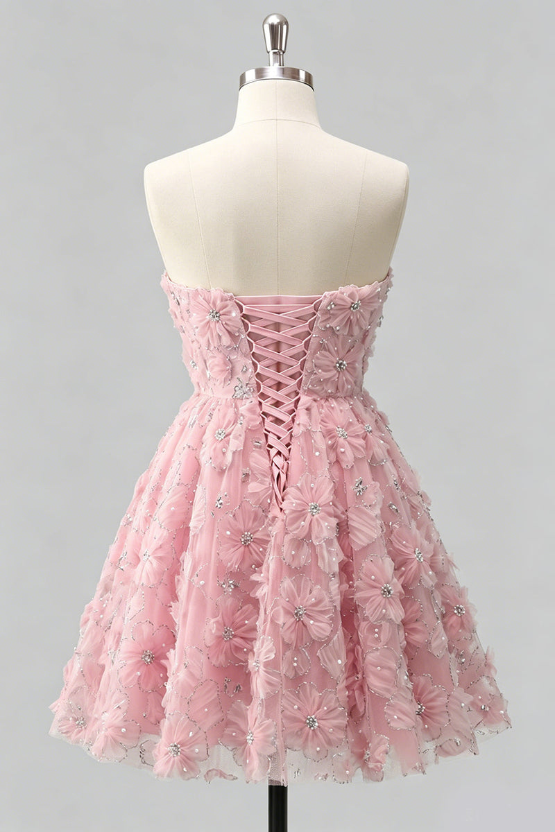 Laden Sie das Bild in den Galerie-Viewer, Dusty Rose Sweetheart A-Line Blumenperlen-Homecoming-Kleid mit Spitze hinten