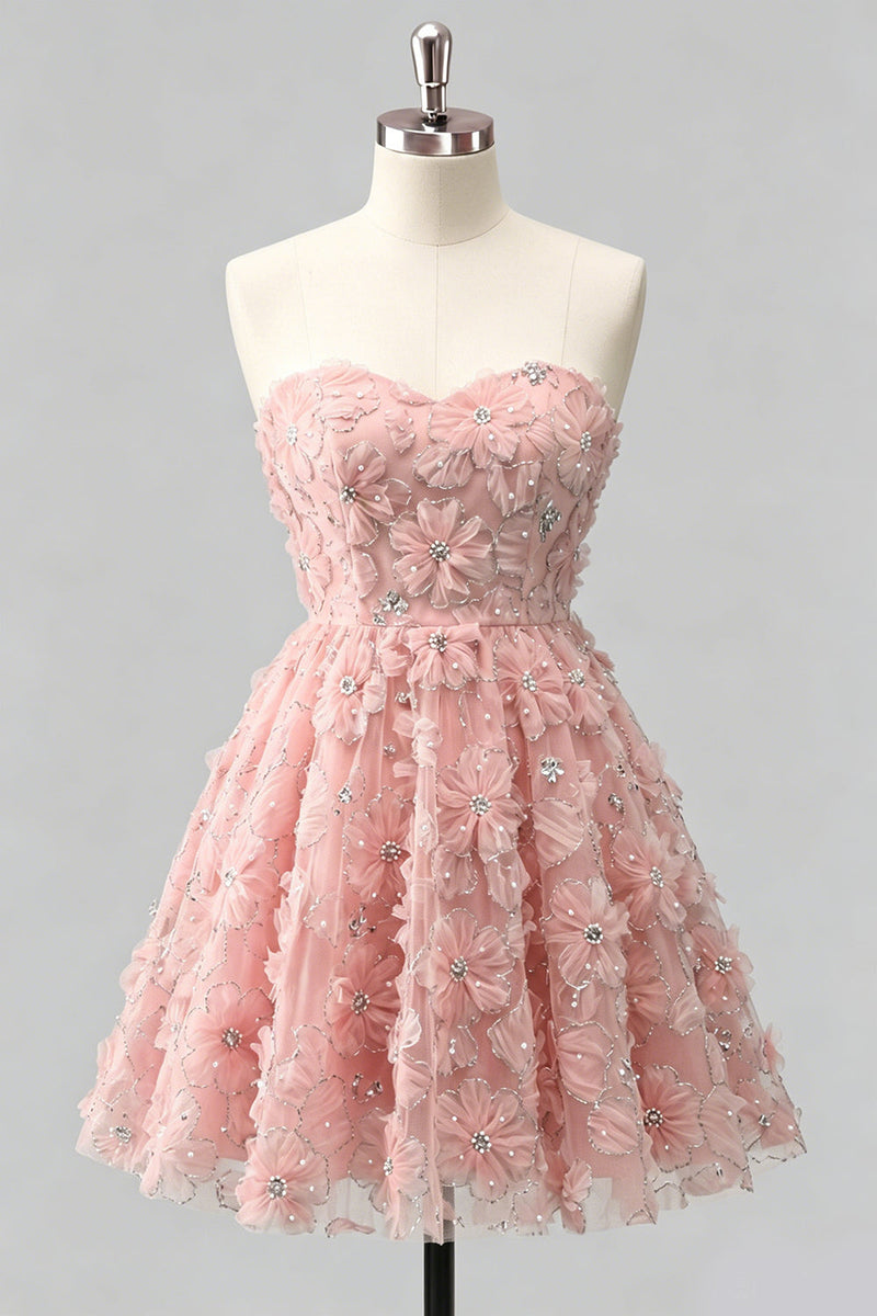 Laden Sie das Bild in den Galerie-Viewer, Dusty Rose Sweetheart A-Line Blumenperlen-Homecoming-Kleid mit Spitze hinten